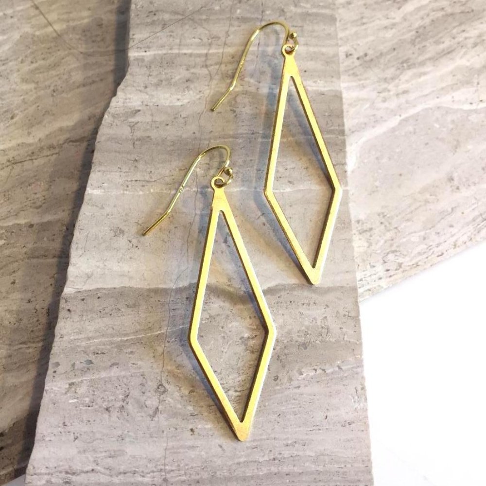 14K Gold/Sterling Elongated diamond shape Earrings
